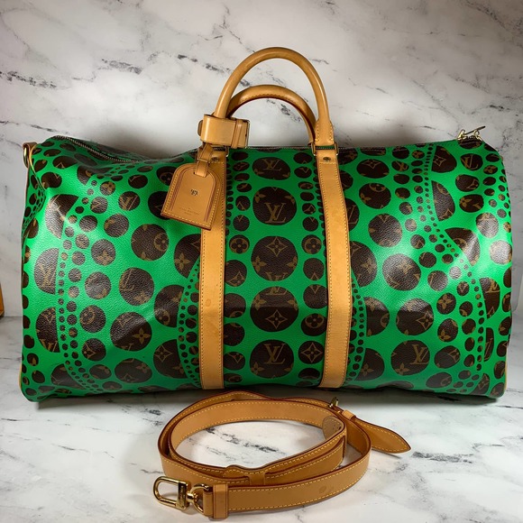 ❌❌ Louis Vuitton Kusama Keepall 55 Green bandouliere travel vintage bag LV RARE - Picture 15 of 15